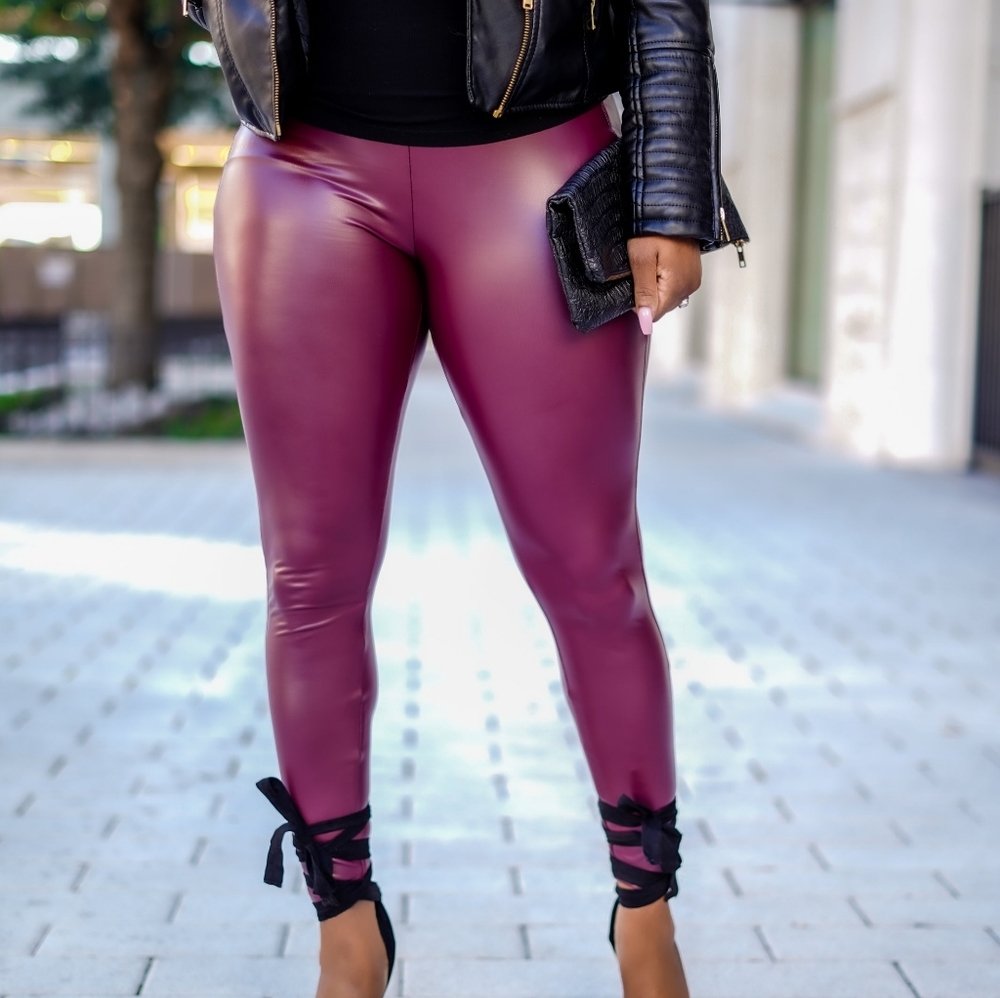 Burgundy High Waisted Faux Leather Leggings
